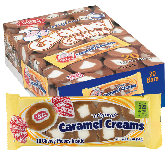 Box of Fazer Caramel Creams with a single bar on a white background