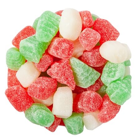 Assorted colorful gummy candies on a white background