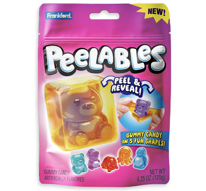 Pink packaging of Peelables gummy candy with a bear design on a white background