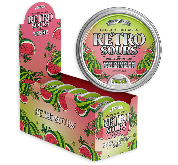 Display box and tin of Retro Sours watermelon-flavored gummy bears with watermelon graphics.