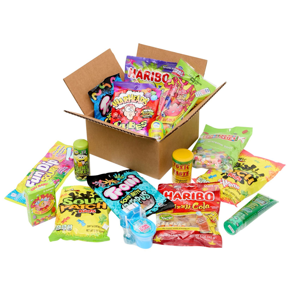 Assorted candy and snack box with Haribo, Sour Patch Kids, and other colorful items on a white background.