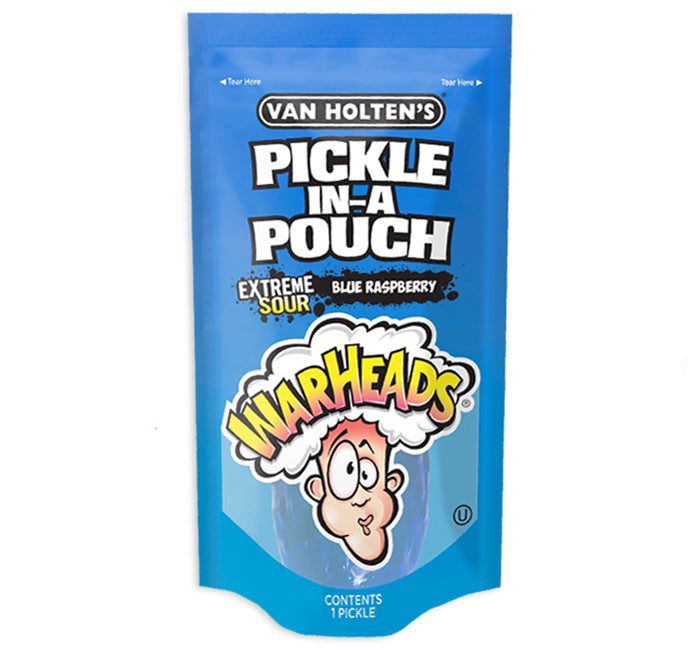 Van Holten's Pickle in a Pouch with Warheads branding on a blue background